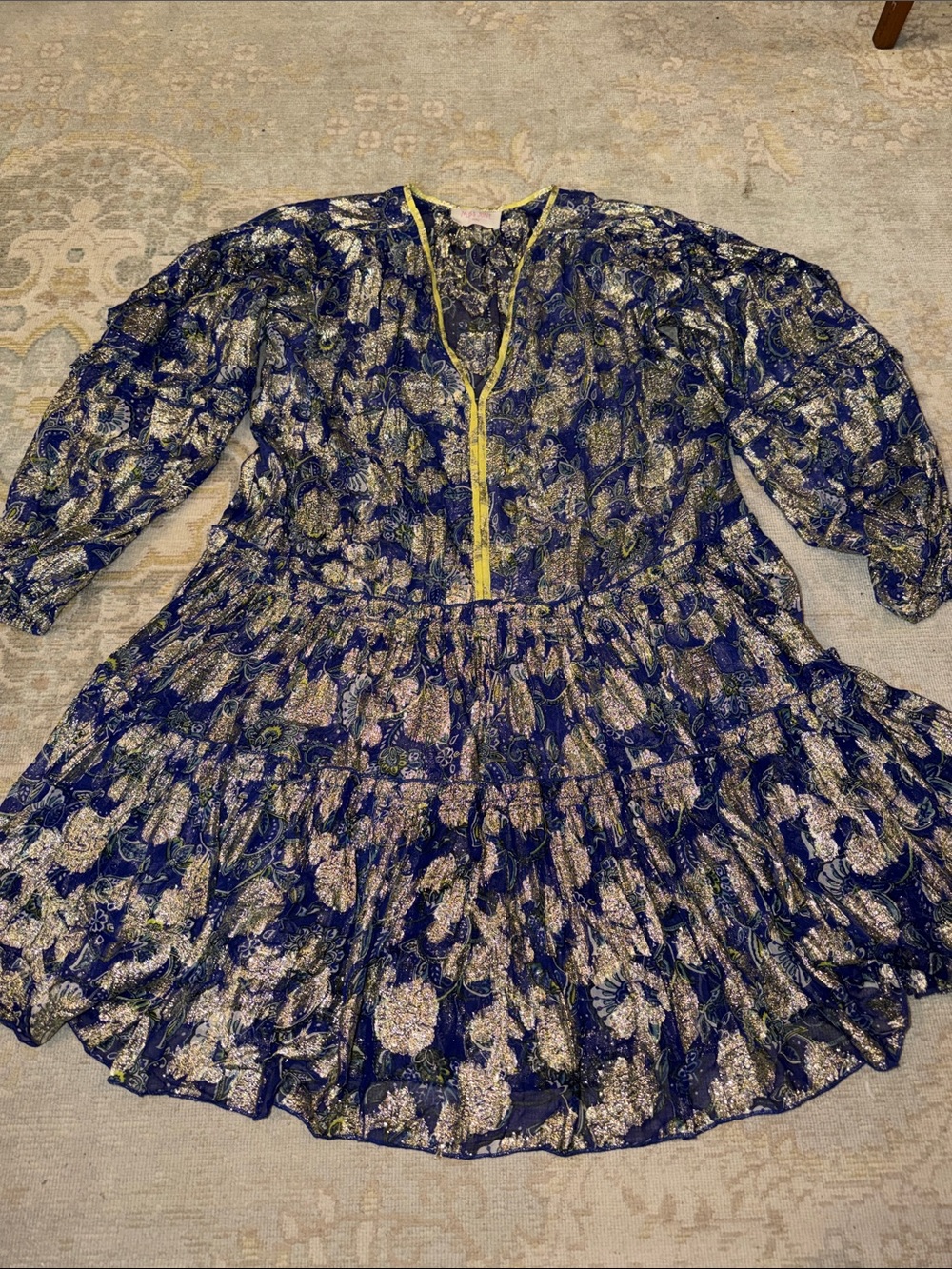 Miss June sheer navy dress with gold shimmer print